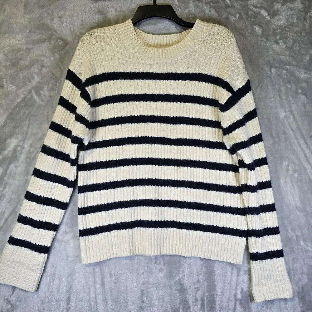 H&M Sweater Womens Med White Ivory Navy Blue Stripe Nautical Preppy 5% Wool